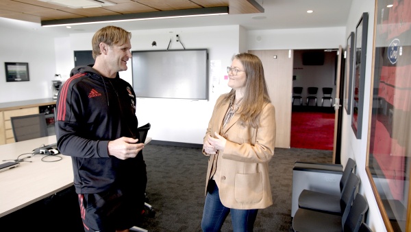 Founder and CEO of Boma NZ, Kaila Colbin with Crusaders Coach, Scott Robinson