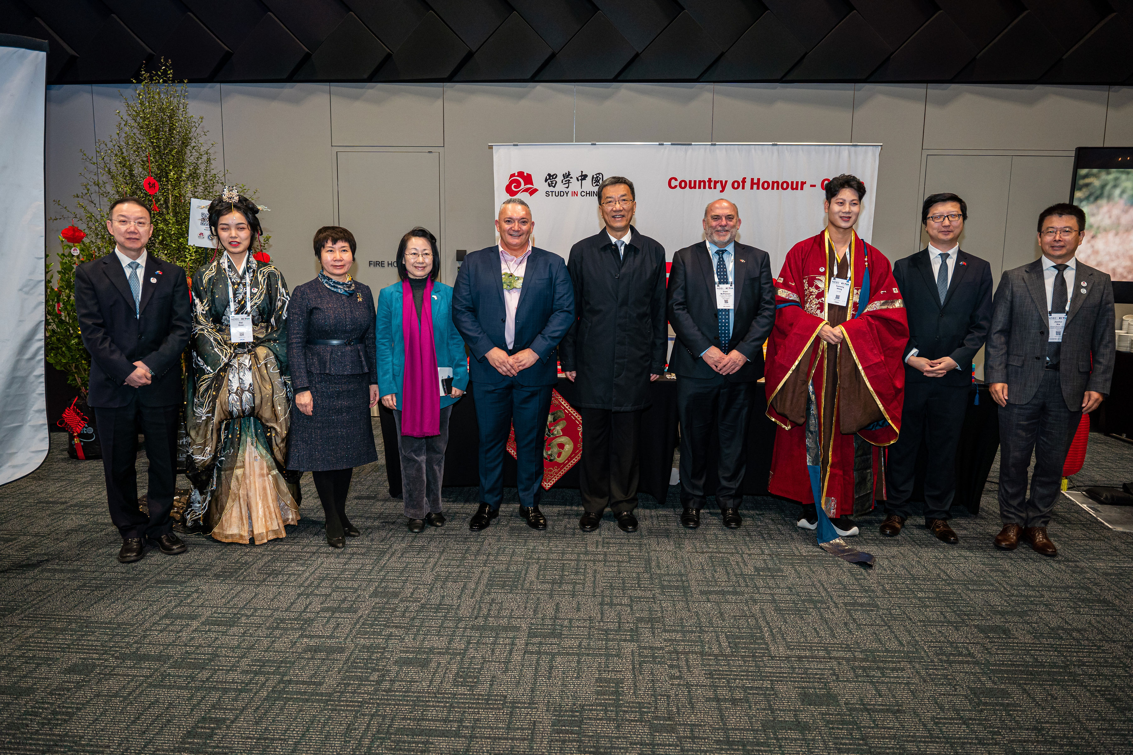 The China ministerial delegation with ENZs CE Grant McPherson and Chief Manukura Maori Ed Tuari at the Country of Honour stall